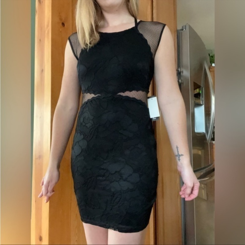 BCX NWT Semi Formal Dress Juniors 7 Black Embroidered Body w/Mesh Inserts